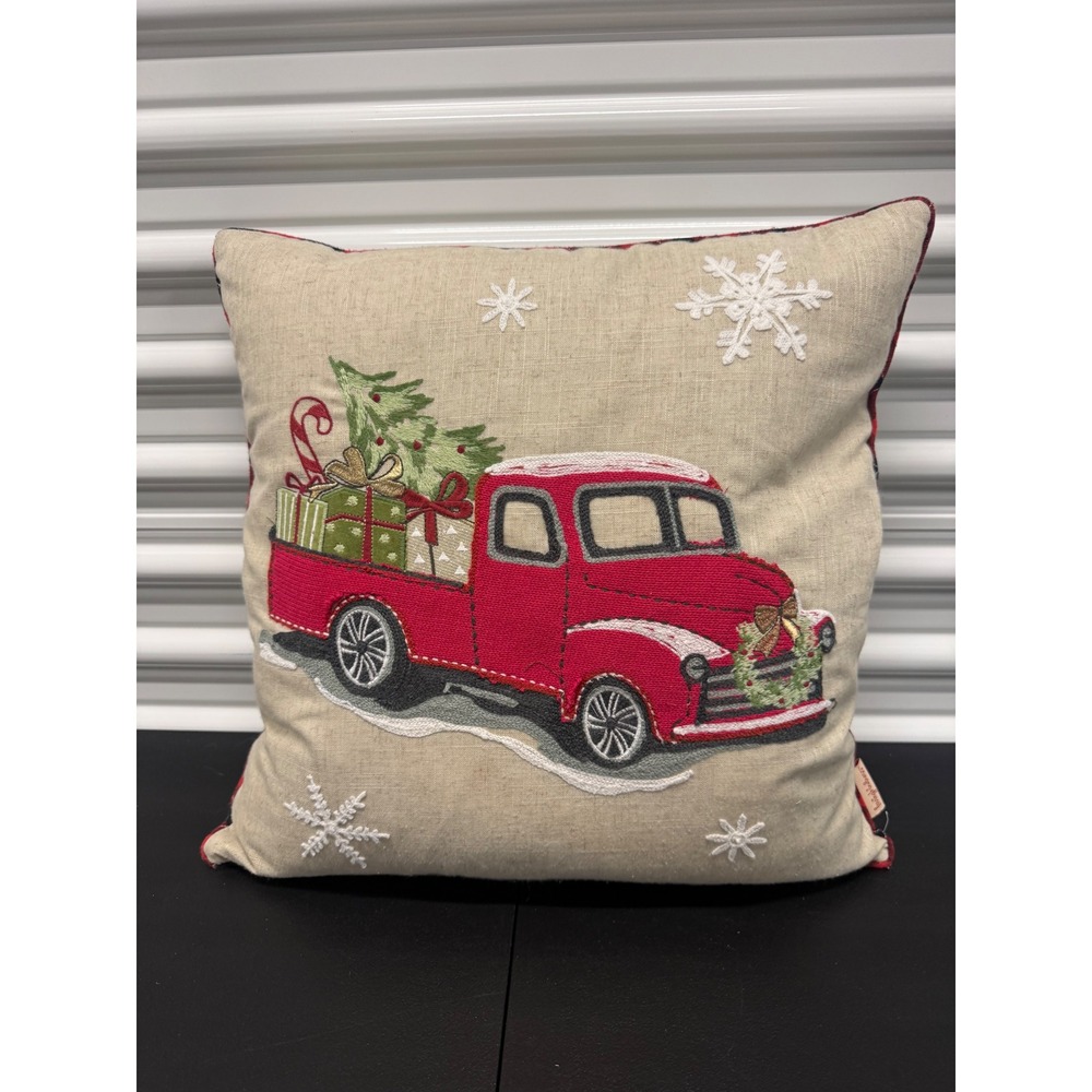 Lovingkindness Maison Chic Christmas Red Truck Embroidered Duck Feather Pillow